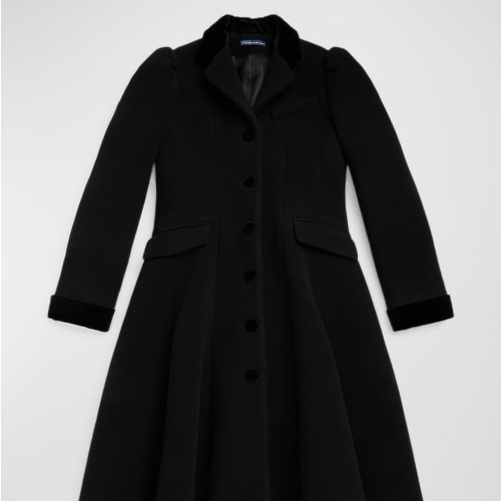 Velvet-Trim Wool Princess Coat